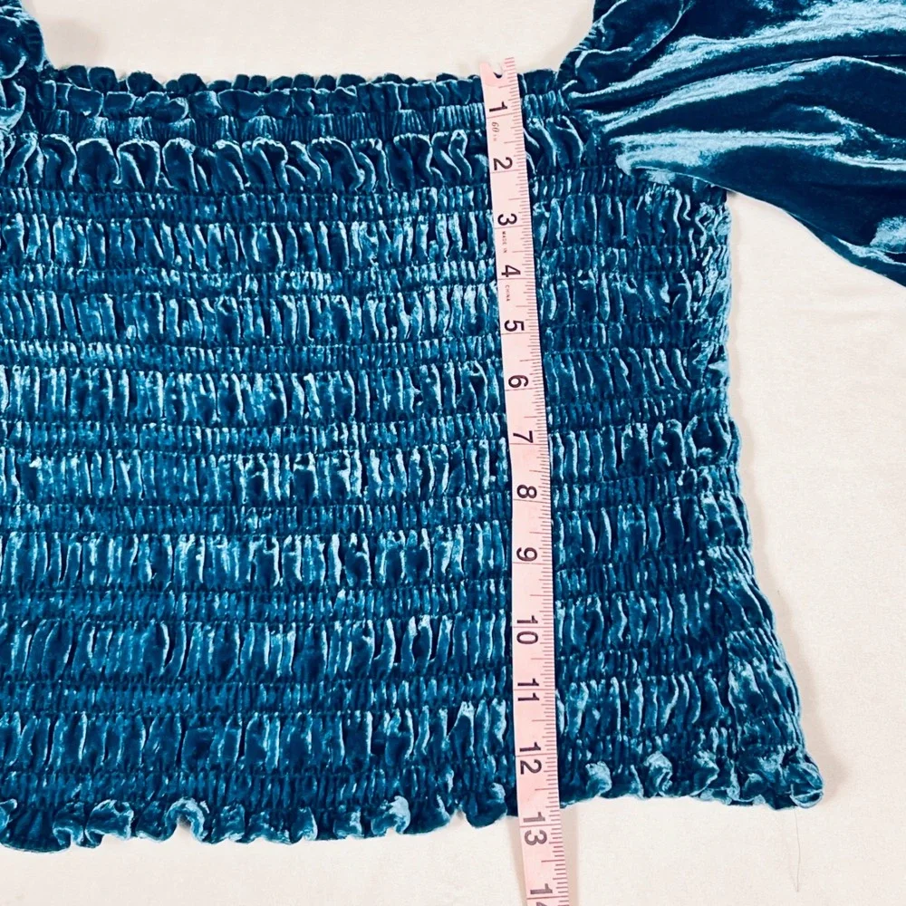 Anthropologie Blue Velvet Smocked Puff Sleeve Crop Top Womens Medium - Picture 6 of 6